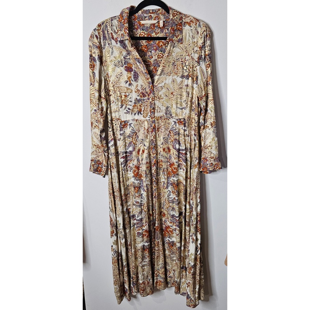 Soft Surroundings Metallic Gold Foil Floral Maxi Dress Long Sleeve Button PM